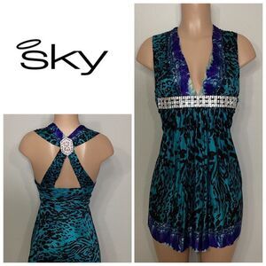 New. SKY 100% silk animal print dress with diamond belt. Normally $248
